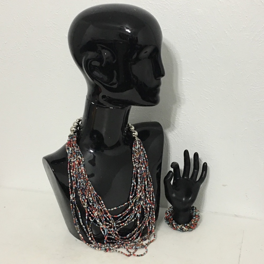 Multicolored Bead Multi Strand Layered Chunky Statement Silver Tone Hardware Set